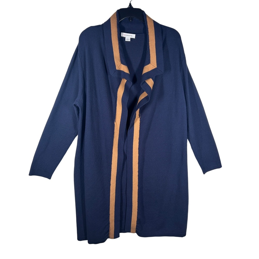 Liz Claiborne Cardigan Navy Blue Tan Stripe Long Open Front Knit Women Large NEW